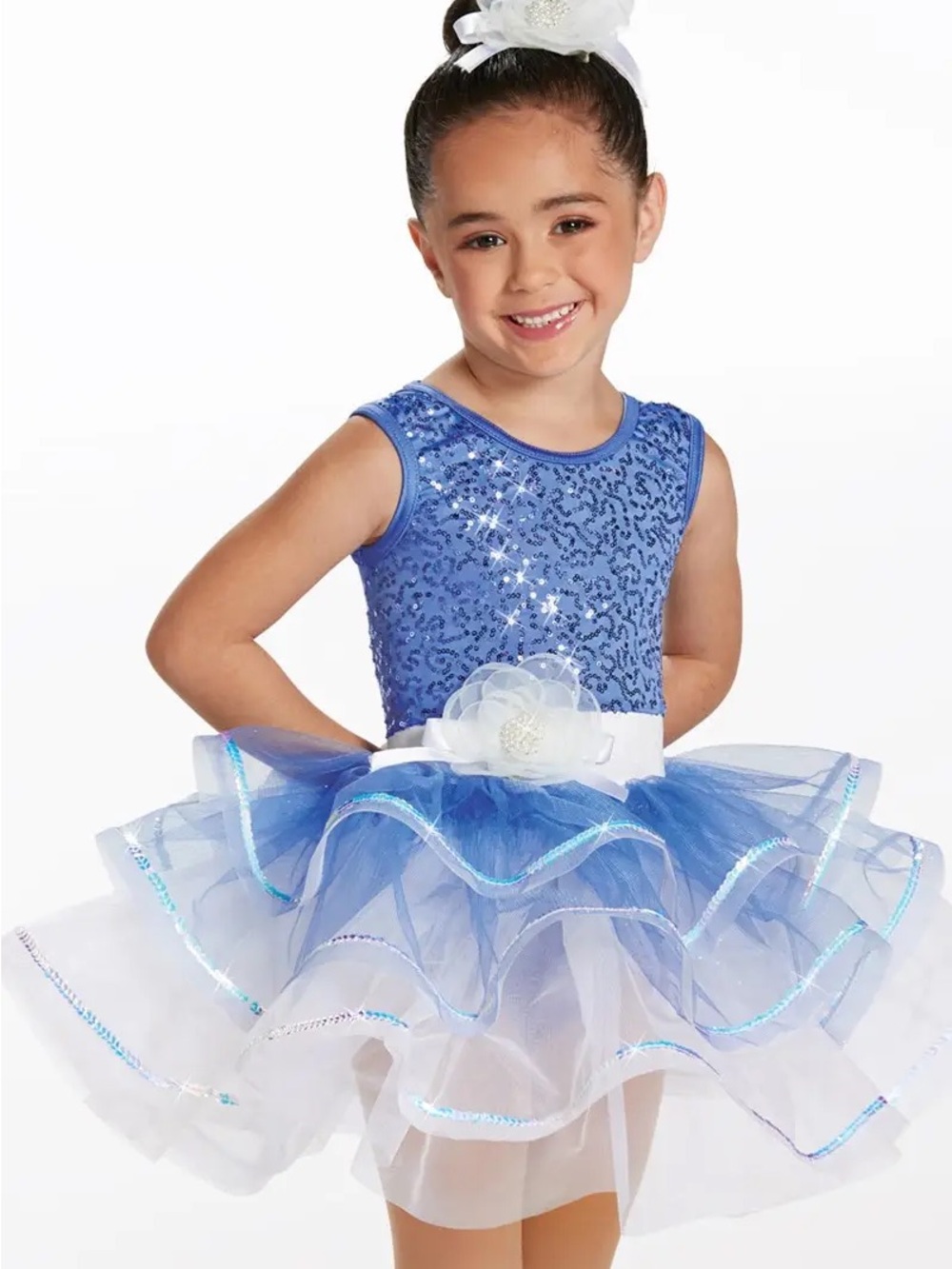 Weissman Royal Blue Sequin Tulle Dance Dress with White Flower Belt